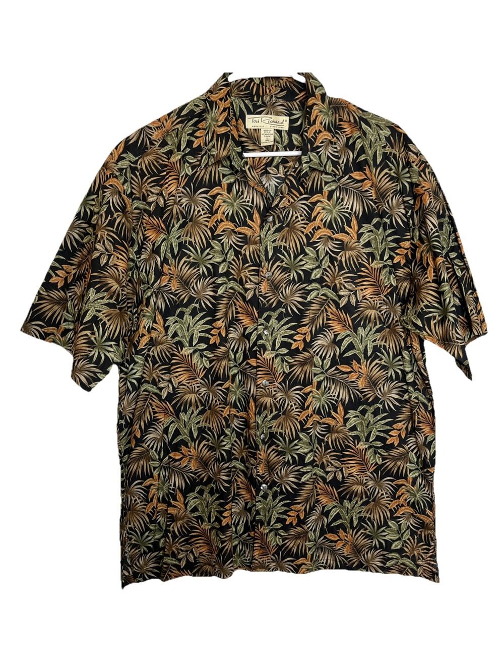 Tori Richard L Green Black 100% Cotton Lawn Palm Button Front Shirt Hawaii